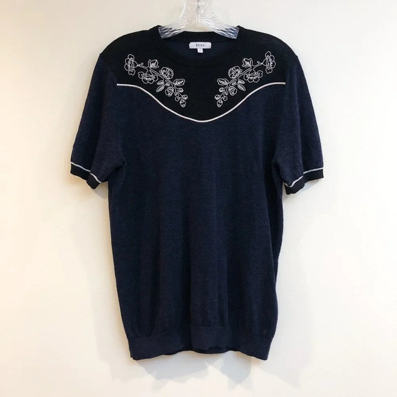 Reiss Navy Linen Blend Floral Embroidered Short Sleeve Designer Knit Top Small - Picture 2 of 9